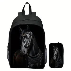 3D fashion digital printing animal black horse men's and women's casual backpack, two-piece youth backpack, neutral universal schoolbag