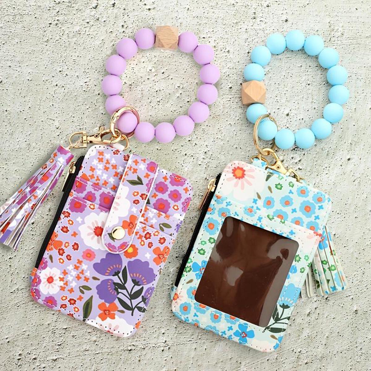 Floral PU Leather Zipper Wallet & Keychain with Silicone Bead Bracelet,Boho Style Wristlet Small Credit Card Holder Bracelet Key Chain Purse Bangle Tassel Beads for Women,  Valentine’s Day, or Everyday Use, Versatile Wallet | Chic Bracelet Wallet