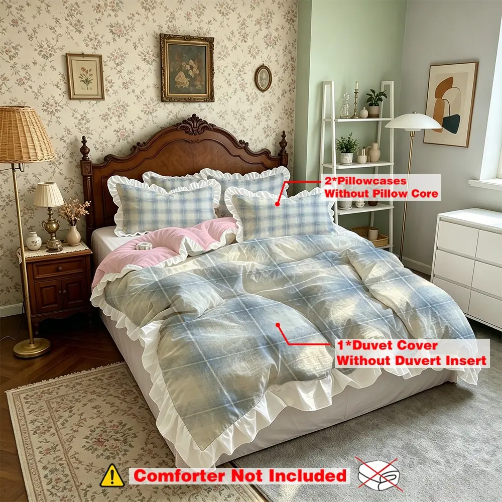 1 duvet cover+2 pillowcases, coreless, 3-Piece Duvet Cover Set With Bed Skirt, Soft Blue Tartan, Plaid Bedding Set, Soft Polyester Bedding Set, Machine Washable Without Deformation, Multi Sizes Available, Ideal For Bedroom & Dormitory, All Season Use