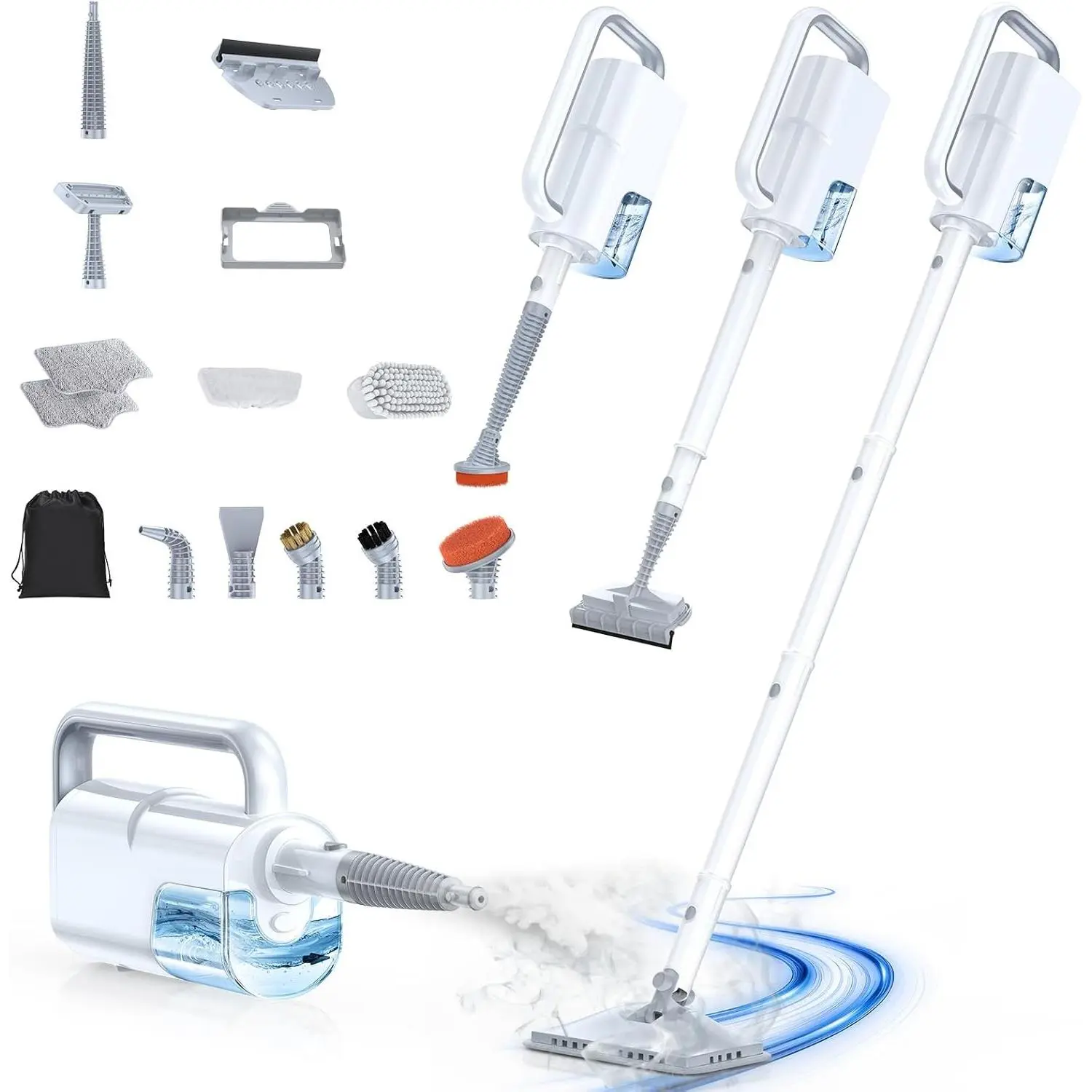 Steam Mop with Detachable Handheld Steam Cleaner 10-in-1 Multi Accessories Quick 10s Heat 350ml 2-Level Steamer for Cleaning Floor Carpet BBQ Grill Tile Grout Light White