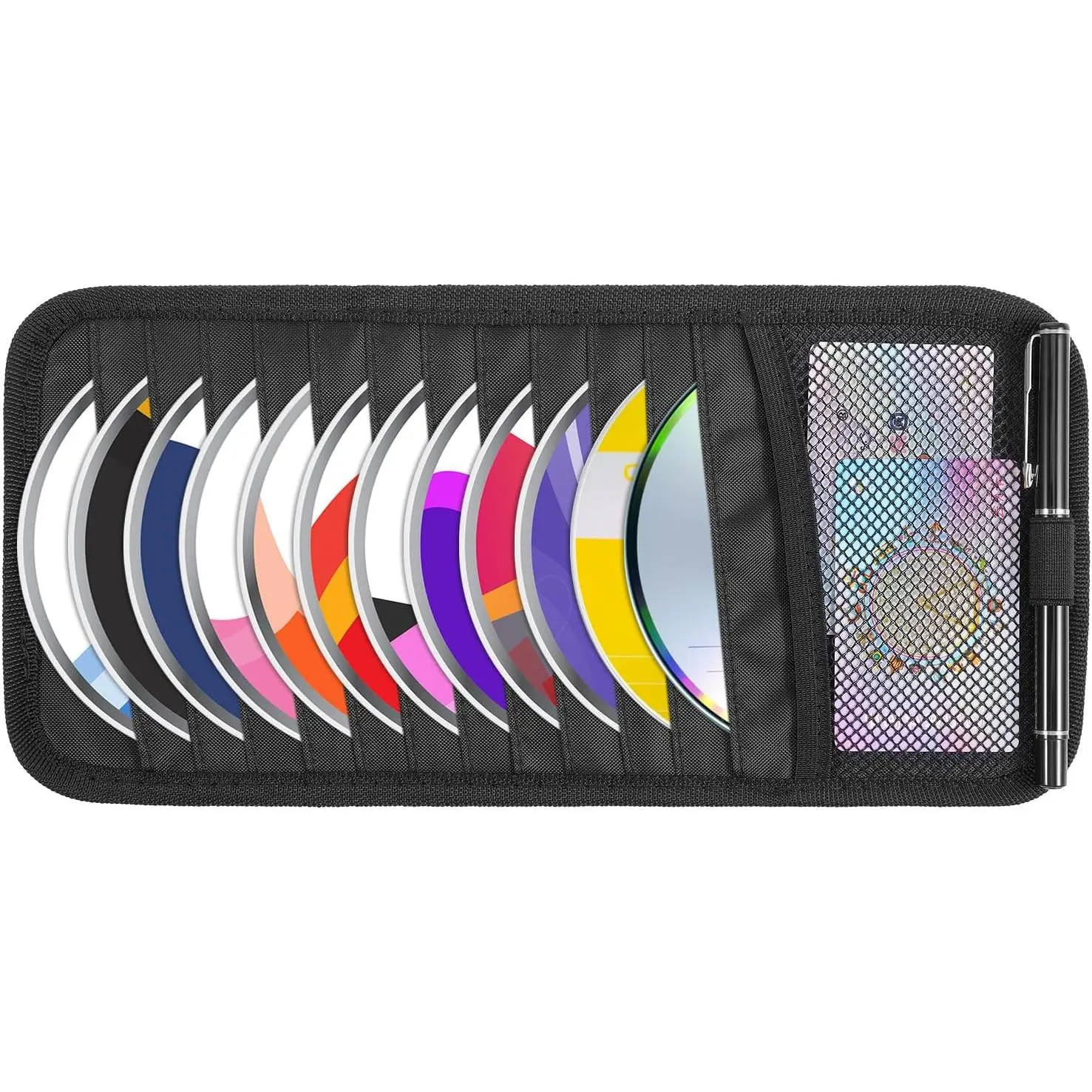 Black  CD Case Holder DVD  Visor Storage Orangizer Large Capacity CD Visor Case with 12 DVD Storage Sleeves 1 Mesh Pocket 1 Pen Holder and Elastic Strap