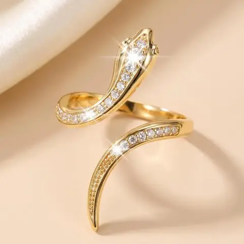 Fashion Punk Rhinestone Decorated Snake Design Cuff Statement Ring, Punk Style Ring, Beautiful Rings, Unique Design Fashionable Jewelry For Both Men & Women, Jewelry For Daily Decoration