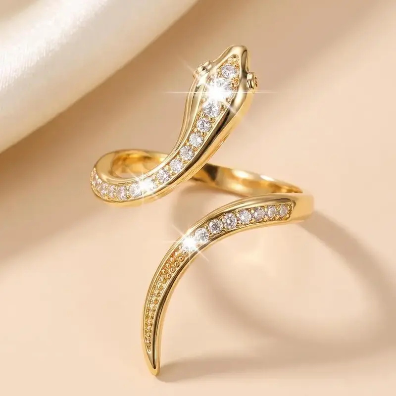Fashion Punk Rhinestone Decorated Snake Design Cuff Statement Ring, Punk Style Ring, Beautiful Rings, Unique Design Fashionable Jewelry For Both Men & Women, Jewelry For Daily Decoration