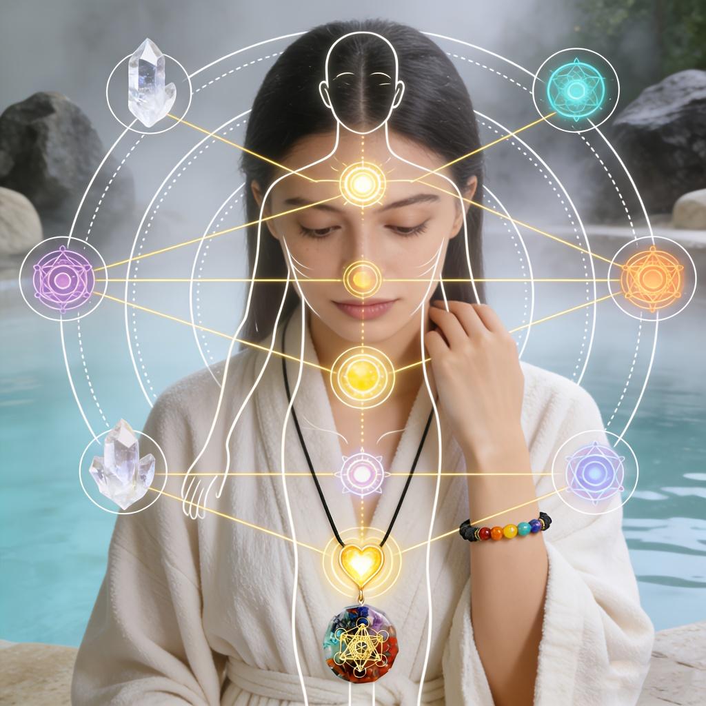 2count Seven Chakra Multicolor Set, Pendant + Bracelet + Necklace + Box.Crafted from 7 Carefully Selected Natural Chakra Crystals with a Transparent Texture, Precisely Corresponding  the Seven Chakras of the Human Body