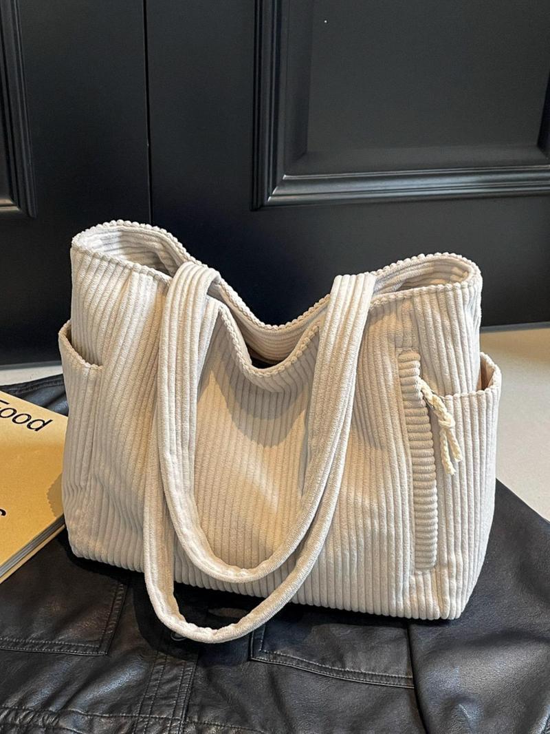 American Minimalist Corduroy Large Capacity Tote, Zipper Side Pocket, Versatile Daily Bag for Work & School