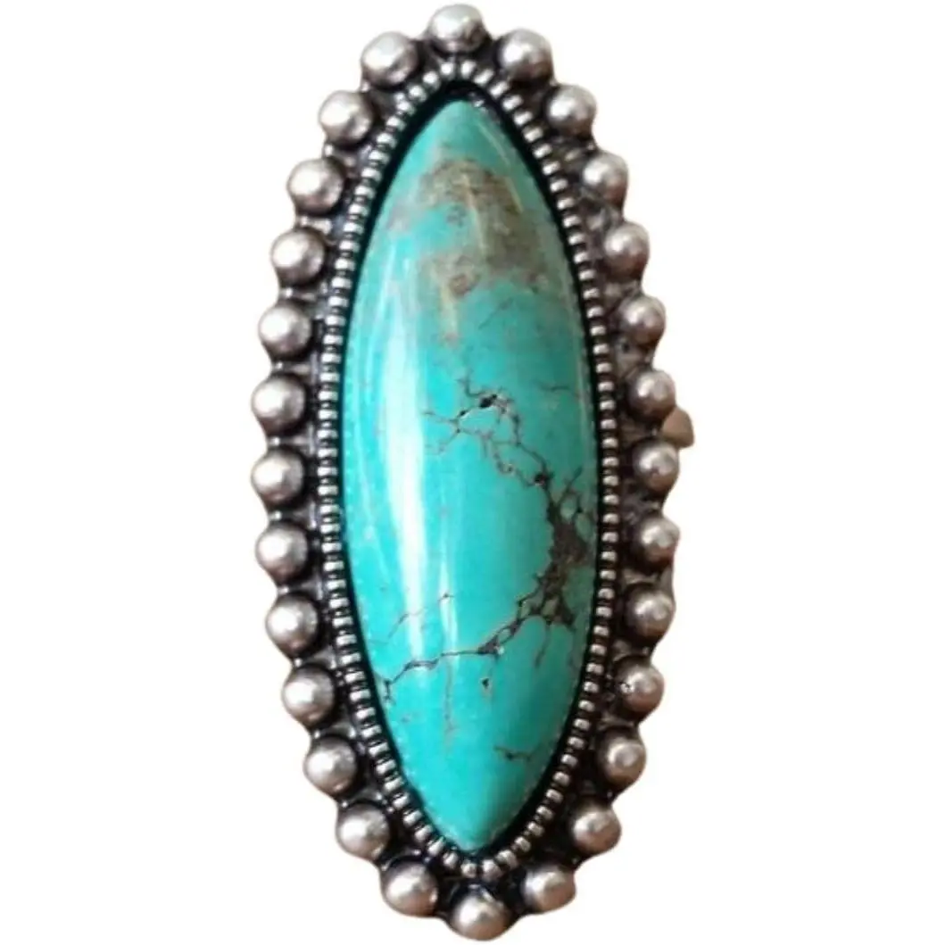 Statement Ring for Women, Vintage Bohemian Jewelry with an Oval Turquoise Natural Stone, Adjustable Western Cowgirl Style, Rings, Statement Jewelry, Boho Flower Detail