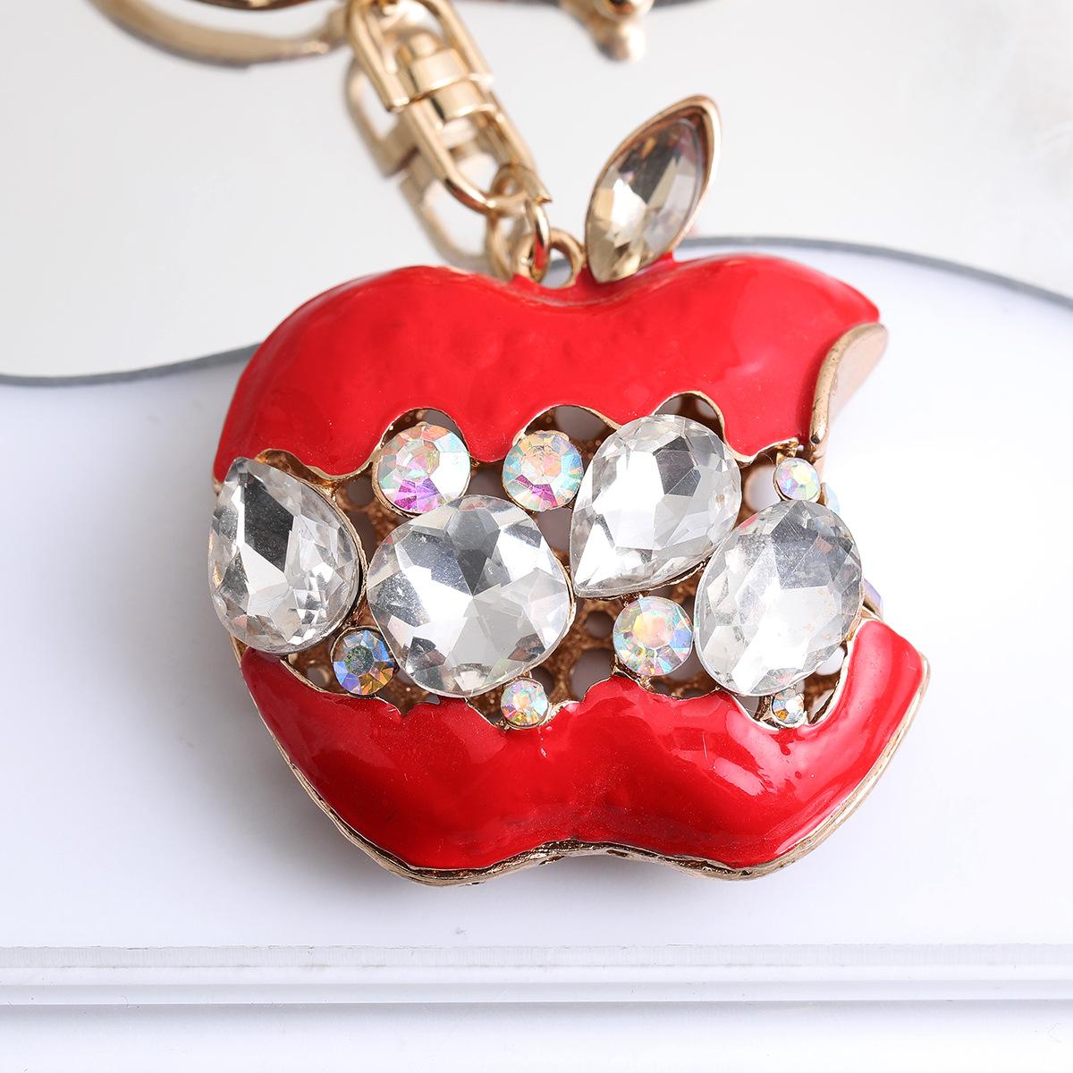 New Rhinestone fruit Keychain, 3D Fruit Bag Charm with Leaf Pendant, Cute Bling Green Apple Car Key Ring Accessory for Women,perfect daily use gift