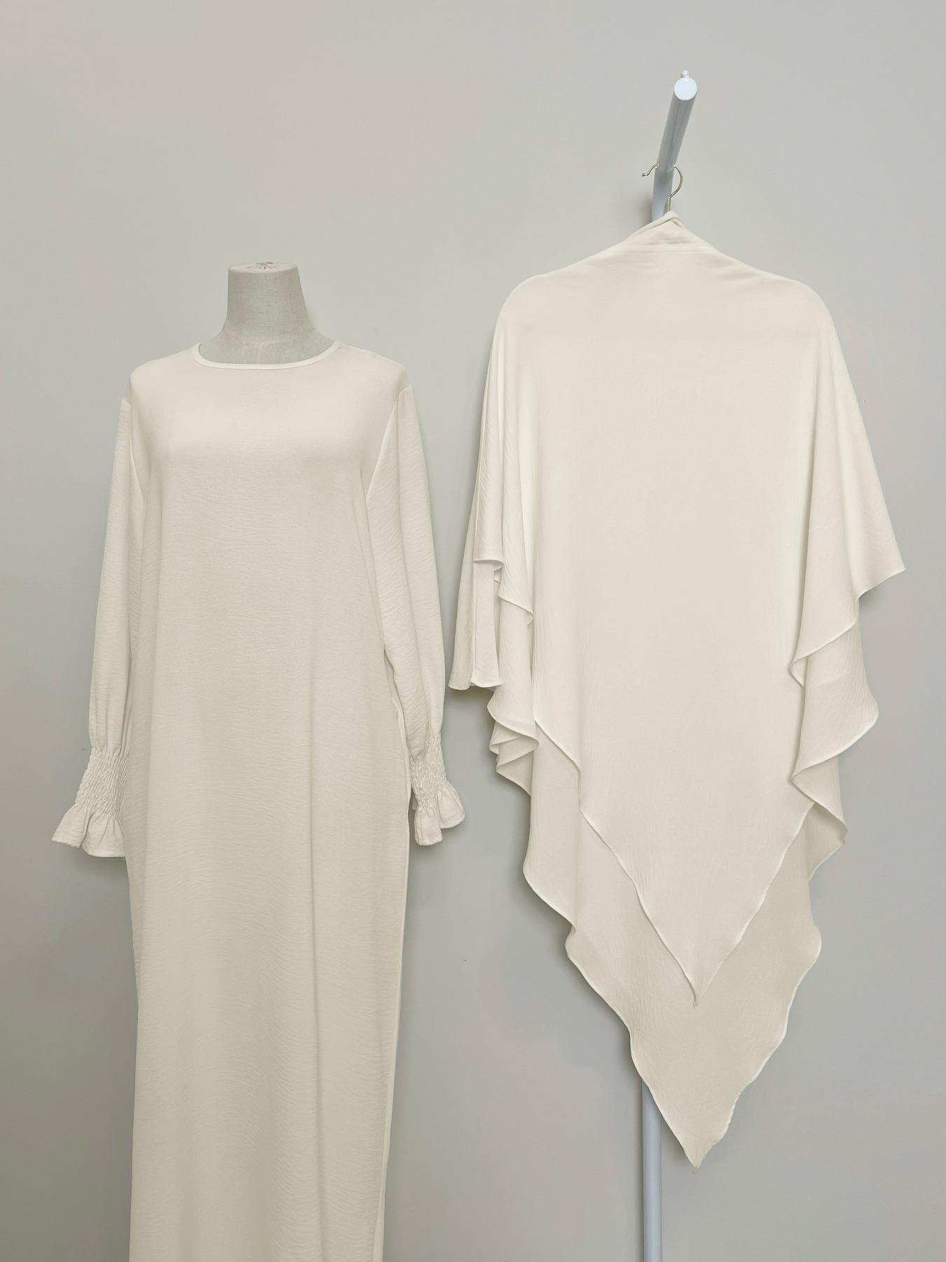 Women's 2-Piece Solid Color Long Sleeve Dress & Hijab Set, Modest Outfit for Daily Wear, Women's Islamic Clothing for All Seasons, Abaya Hijab Set