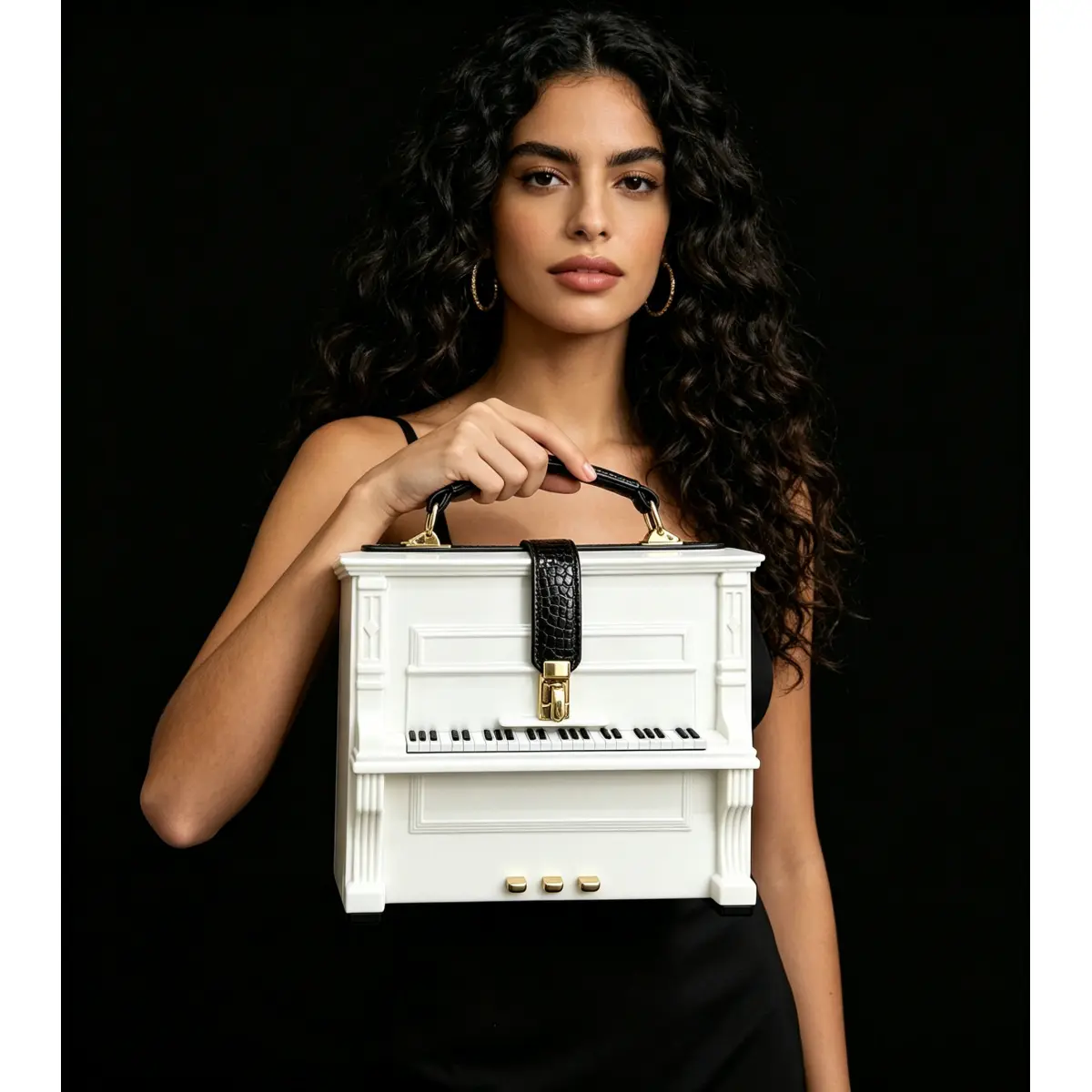 Women's 3D Piano Shaped Hard PVC Shell Carry All Crossbody Bag - Fashionable Purse with Top Handle, Croc-Embossed Strap, Artsy Unique Creative Design Bag for Street & Evening Wear (Do Not Wash)