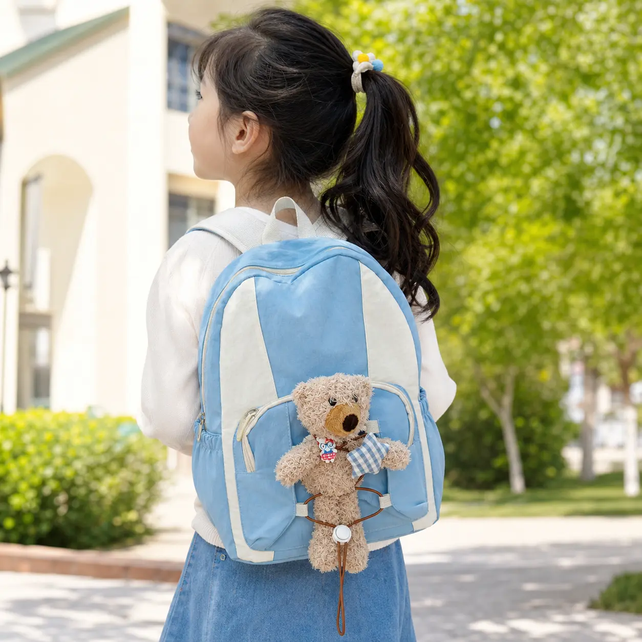 Ins-Style Color Block Kids Backpack |     Cute Teddy Bear Plush School Bag |     Lightweight Kindergarten Travel Daypack for Boys Girls, Backpacks For School, Polyester, Burden Reduc., Back To School, Unisex