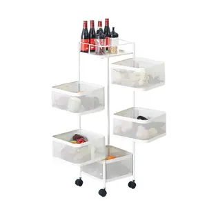 5-Tier Rotating Kitchen Storage Rack with Wheels – 360° Spin, Lockable Casters | Slim Carbon Steel Pantry Cart for Fruits, Veggies & Snacks | Rust-Proof, Ventilated Mesh Baskets | No Tools Assembly | Ideal for Small Kitchens, Apartments & Offices | White
