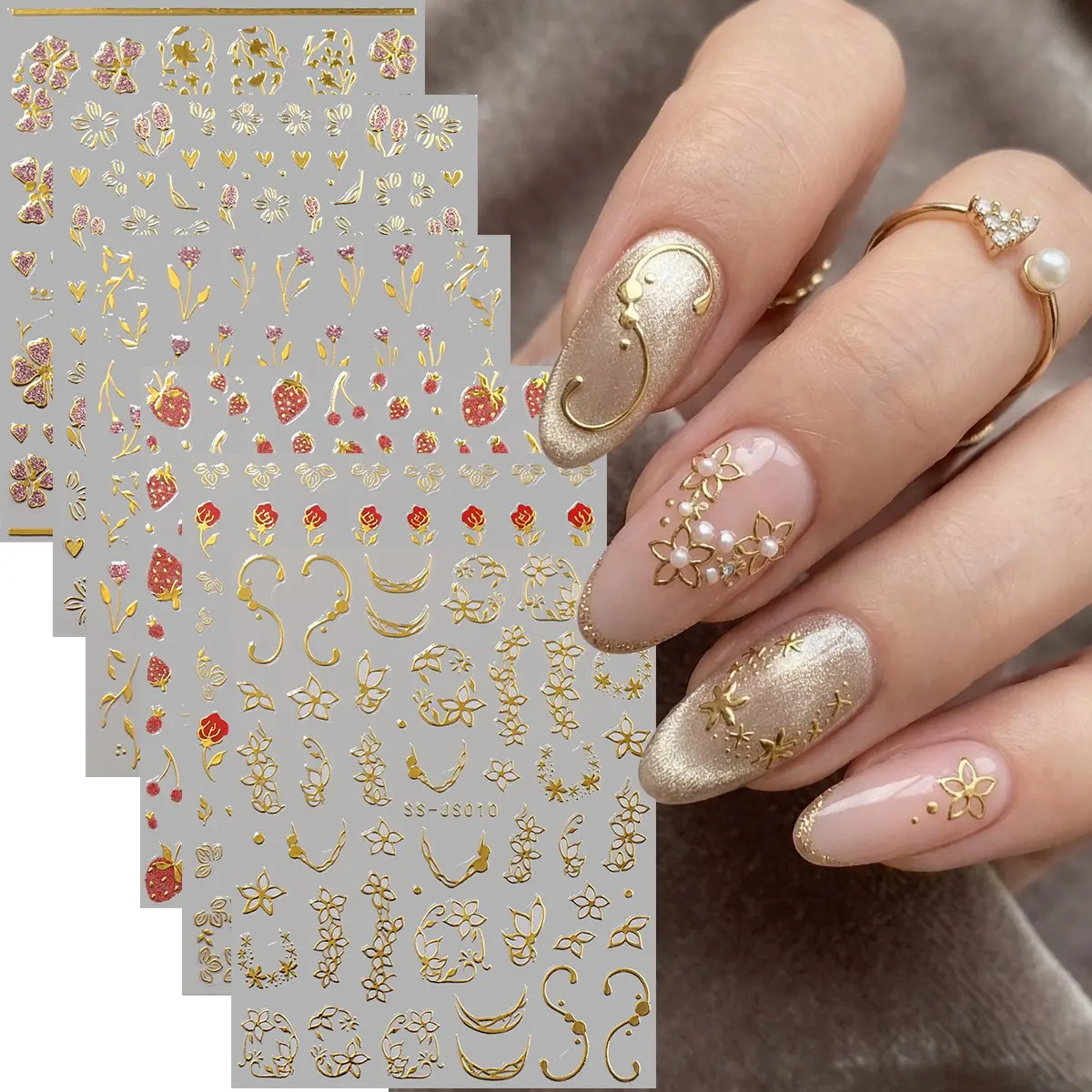 6 Gold Edge Flower Nail Stickers, Glitter Floral Tulip Rose Golden Leaf Nail Art Decals, Elegant DIY Manicure Decor, Nail Art Supplies for Spring Summer