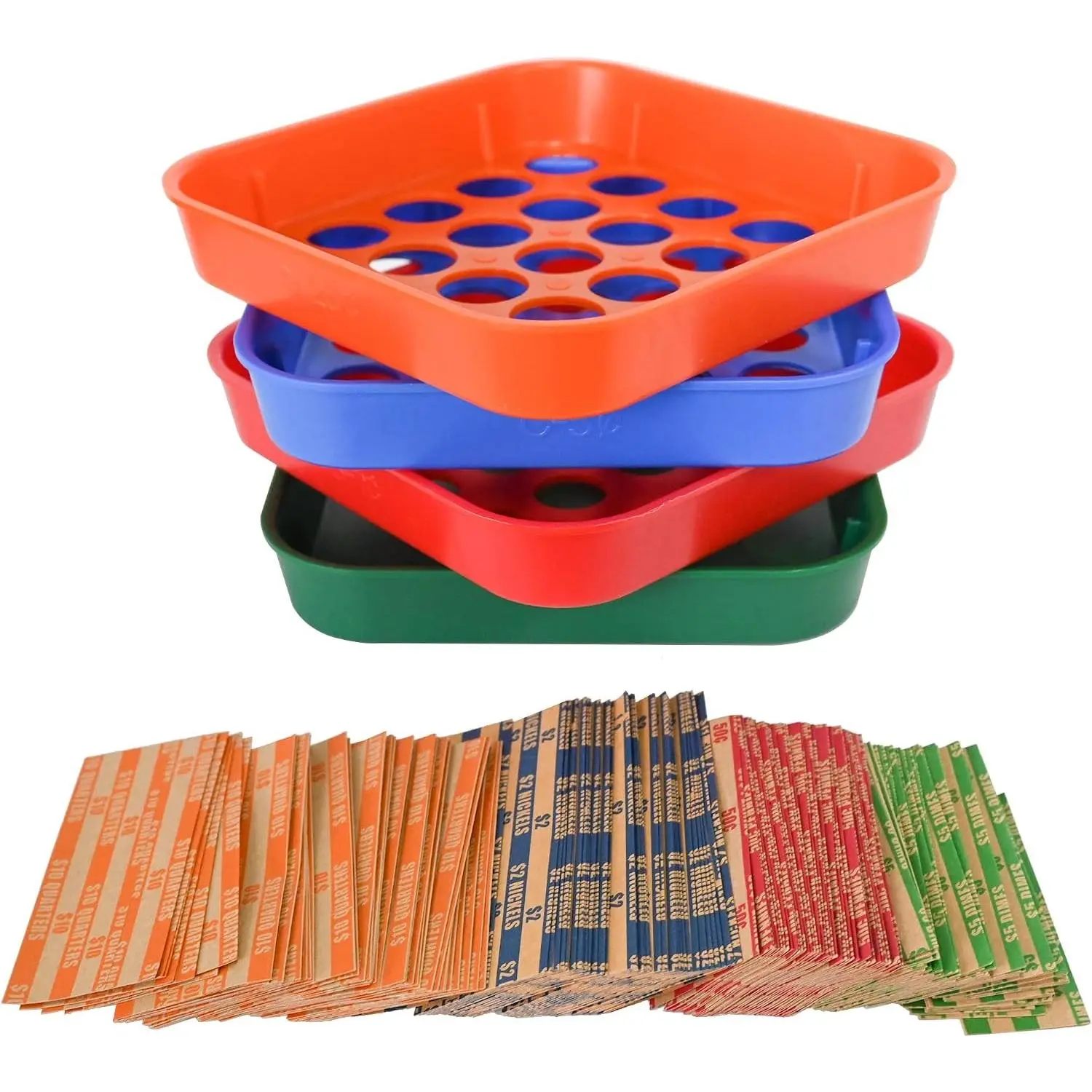 Coin Sorters Tray, 4 Color-Coded Coin Sorting Tray with 160 Assorted Coin Roll Wrappers