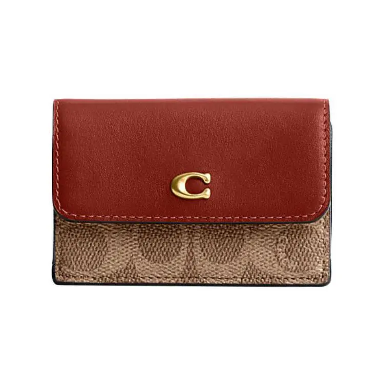 Coach Tri-Fold Wallet for Women – Classic Monogram Canvas and Calfskin, Brown and Khaki