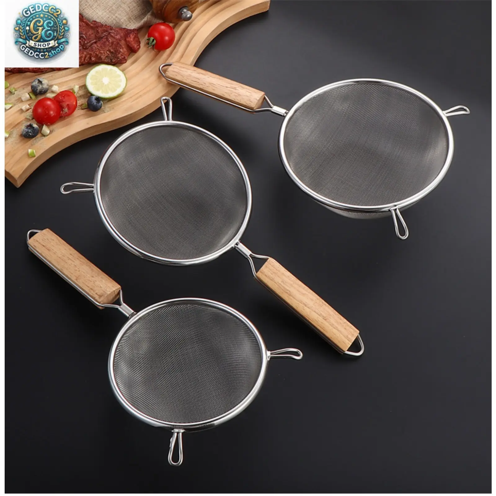 Stainless Steel Mesh Strainer Spoon with Wooden Handle - Double Hook Utensils, Heat-Resistant Cooking Filter for Camping Noodles, Soup