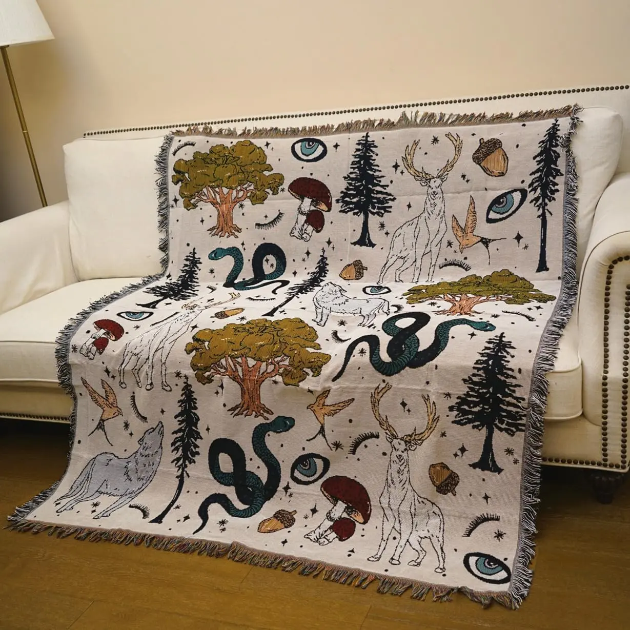 Bohemian Throw Blanket, Woven  with Fringe, for Sofa, Bed, Picnic, Outdoor Camping (Nordic Forest)