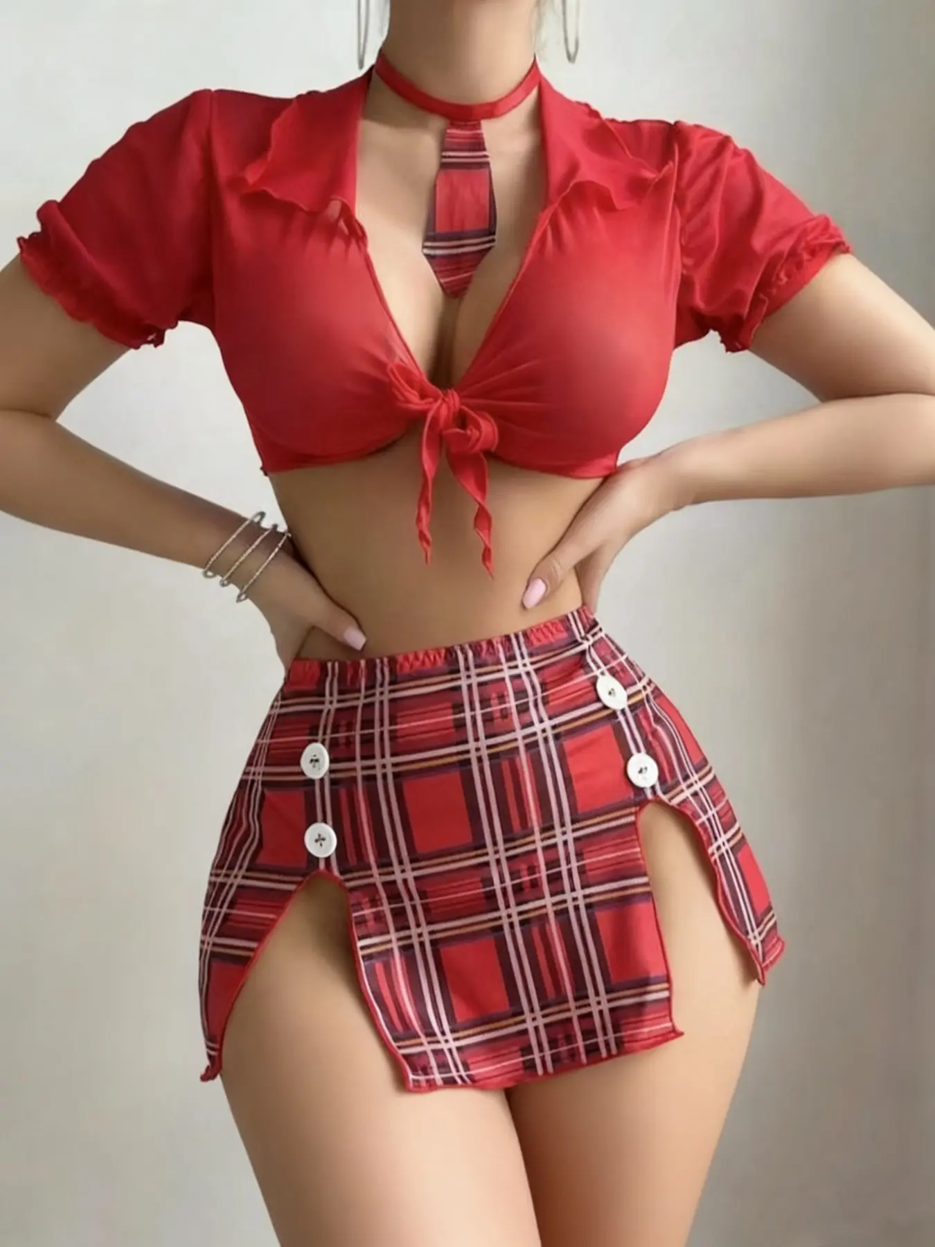 Sexy Plaid Student Role Play Two Piece Lingerie Set, Mesh Top + Plaid Mini Skirt, Wireless Medium Support, Slim-Fitting, All Seasons