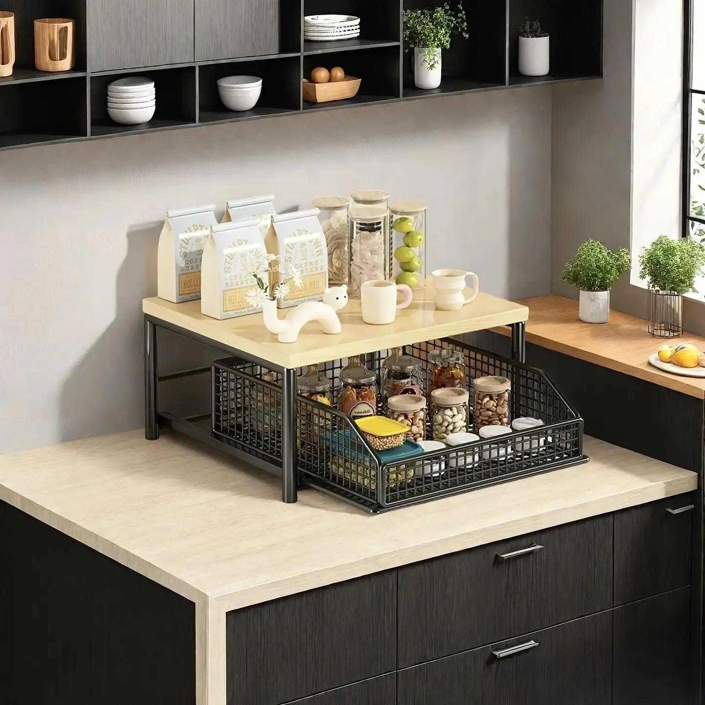 Countertop Microwave Shelf with Drawers, Space Saving Multifunctional Storage, Perfect for Coffee Makers, Tea Bags, Cutlery, Gift Idea