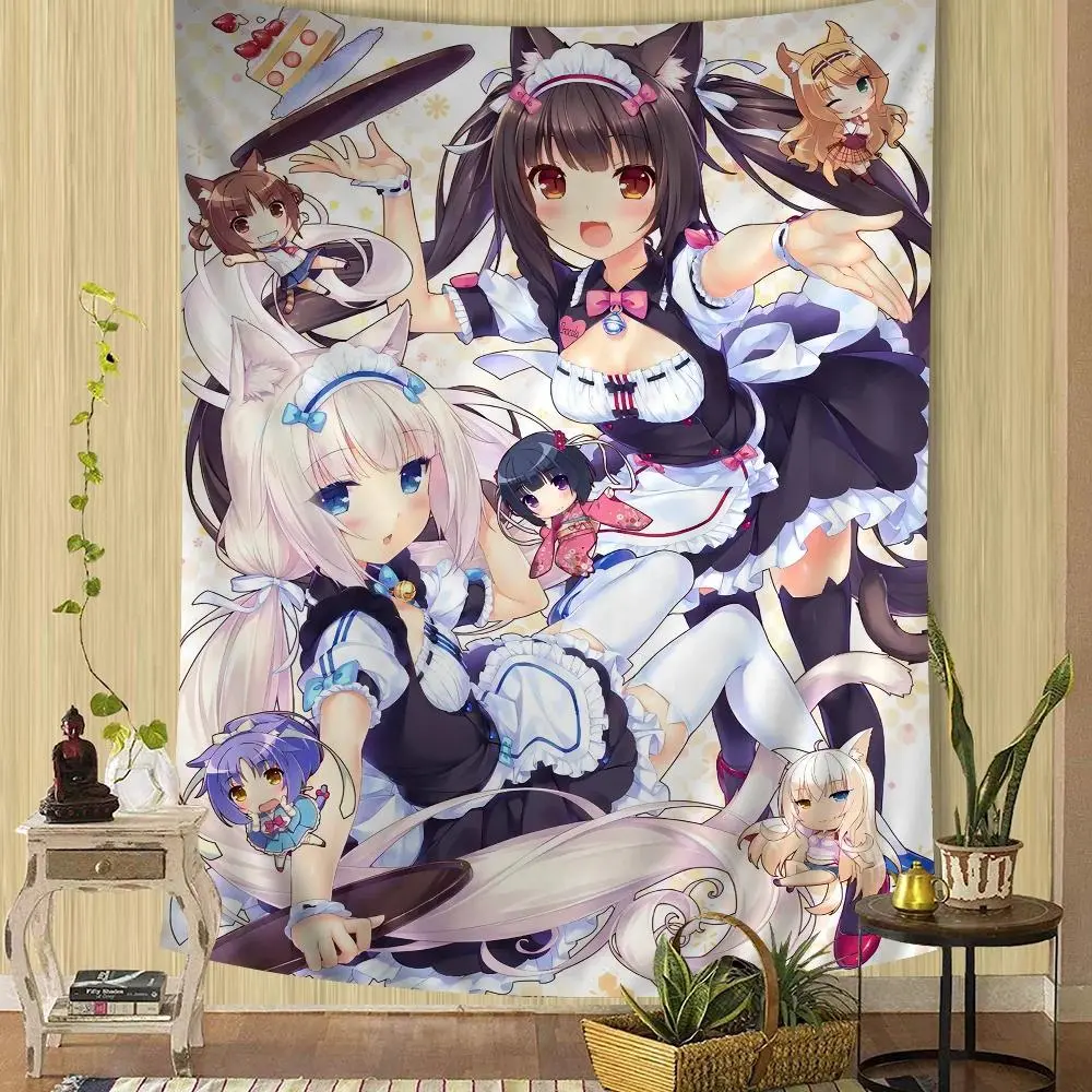 Kawaii Nekopara Cartoon Tapestry Wall Hanging - Lightweight Multicolored Animals Themed Anime Catgirl Home Decor, Otaku Gift for Baby Shower, Independence Day Room Photo Background Curtain, Watercolour