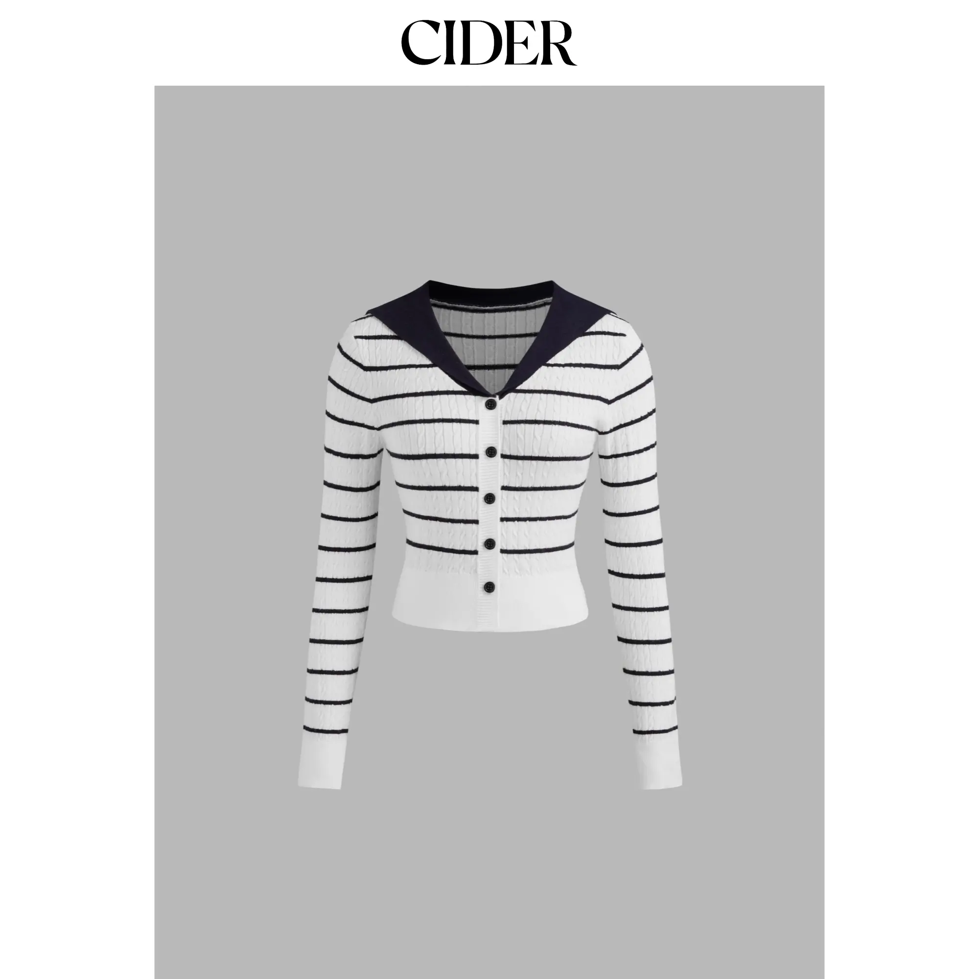 Cider [size 2-10] Knit Sailor Collar Striped Button Crop Long Sleeve Top