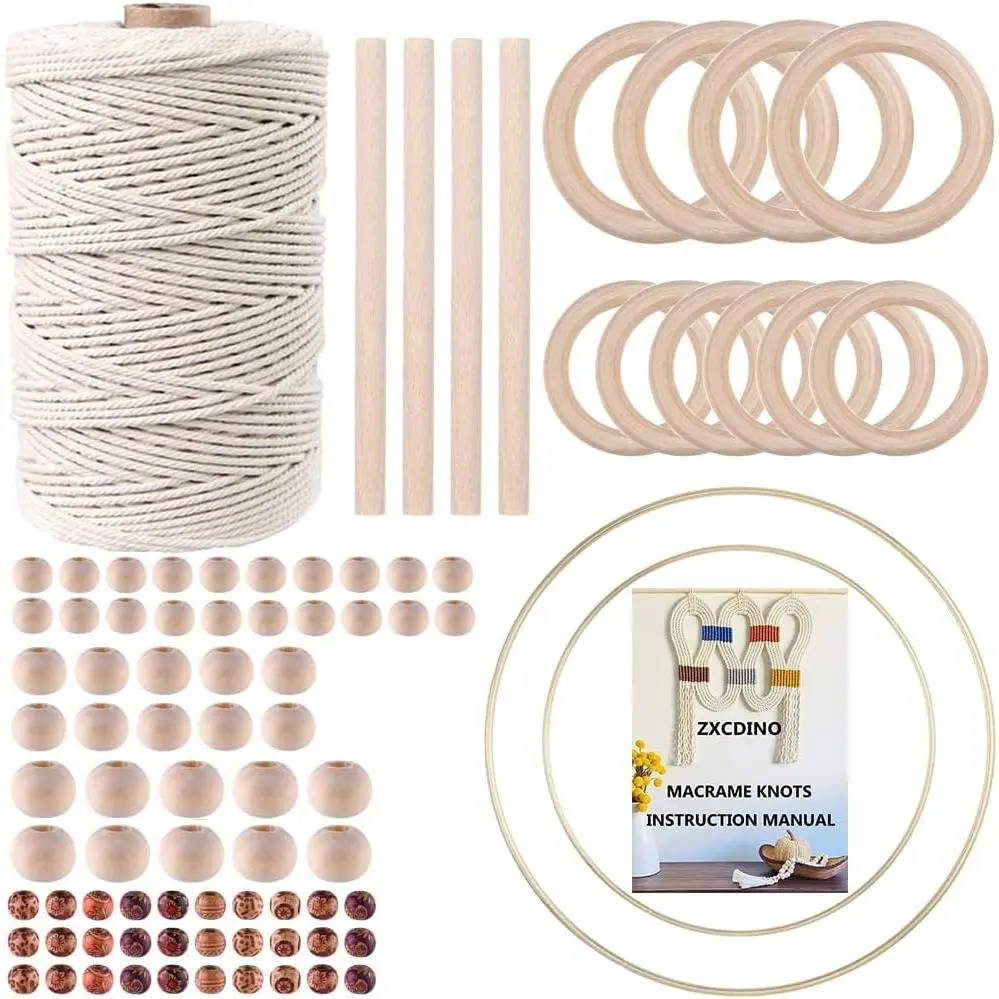 87pcs Macrame Kits for Beginners 3mm x 220yards Natural Cotton Macrame Cord Wall Hanging Kit, Macrame Supplies for Macrame Plant Hanger with Wooden Beads,Wooden Rings