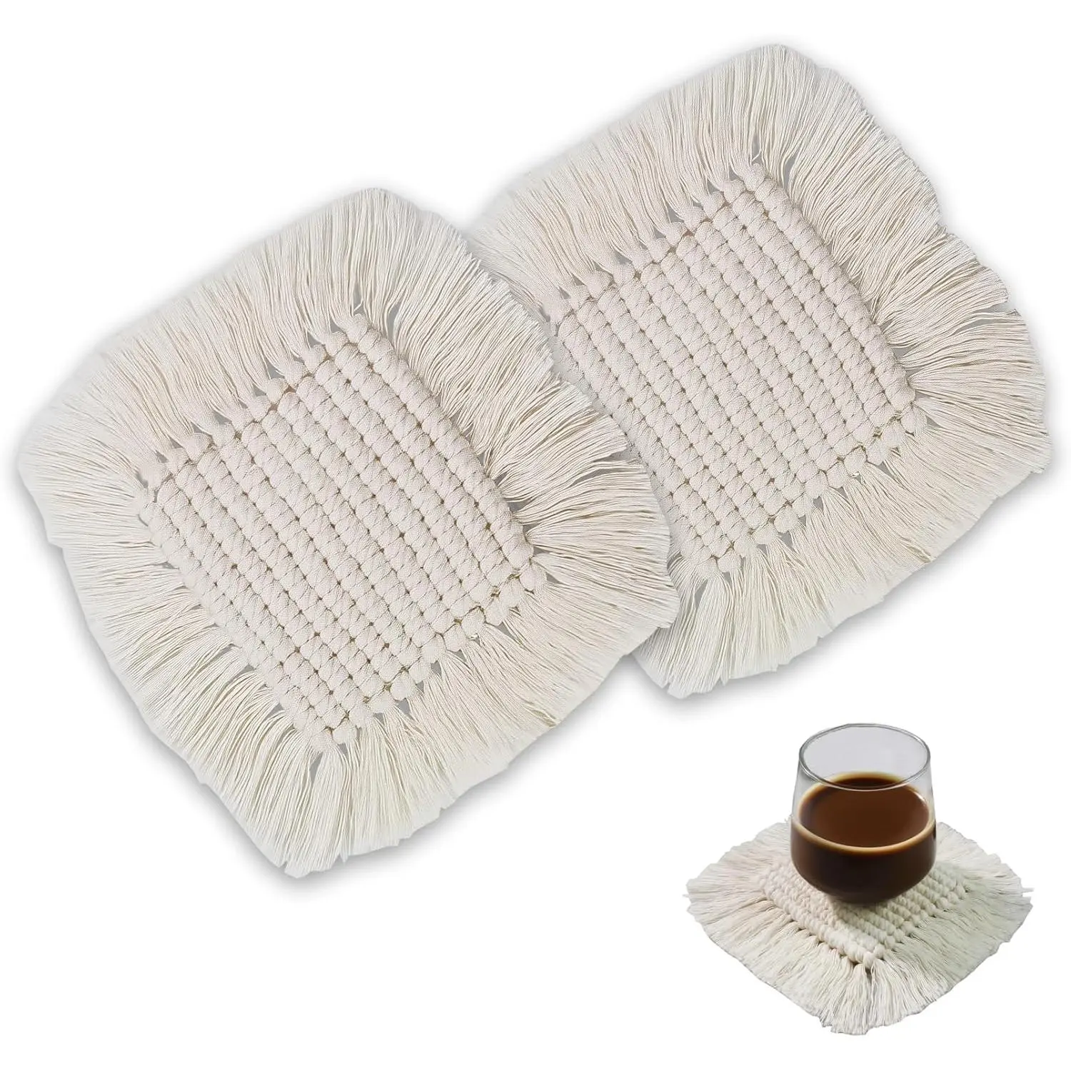 Boho Macrame Coasters Set of 2,Absorbent Coaster for Drinks, Round  Woven Coasters for Boho  Decor, CupCoasters for Office Desk, Kitchen, Dining Room, Bar (S-Beige(2pcs)/6.3in)
