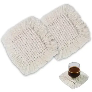 Boho Macrame Coasters Set of 2,Absorbent Coaster for Drinks, Round  Woven Coasters for Boho  Decor, CupCoasters for Office Desk, Kitchen, Dining Room, Bar (S-Beige(2pcs)/6.3in)