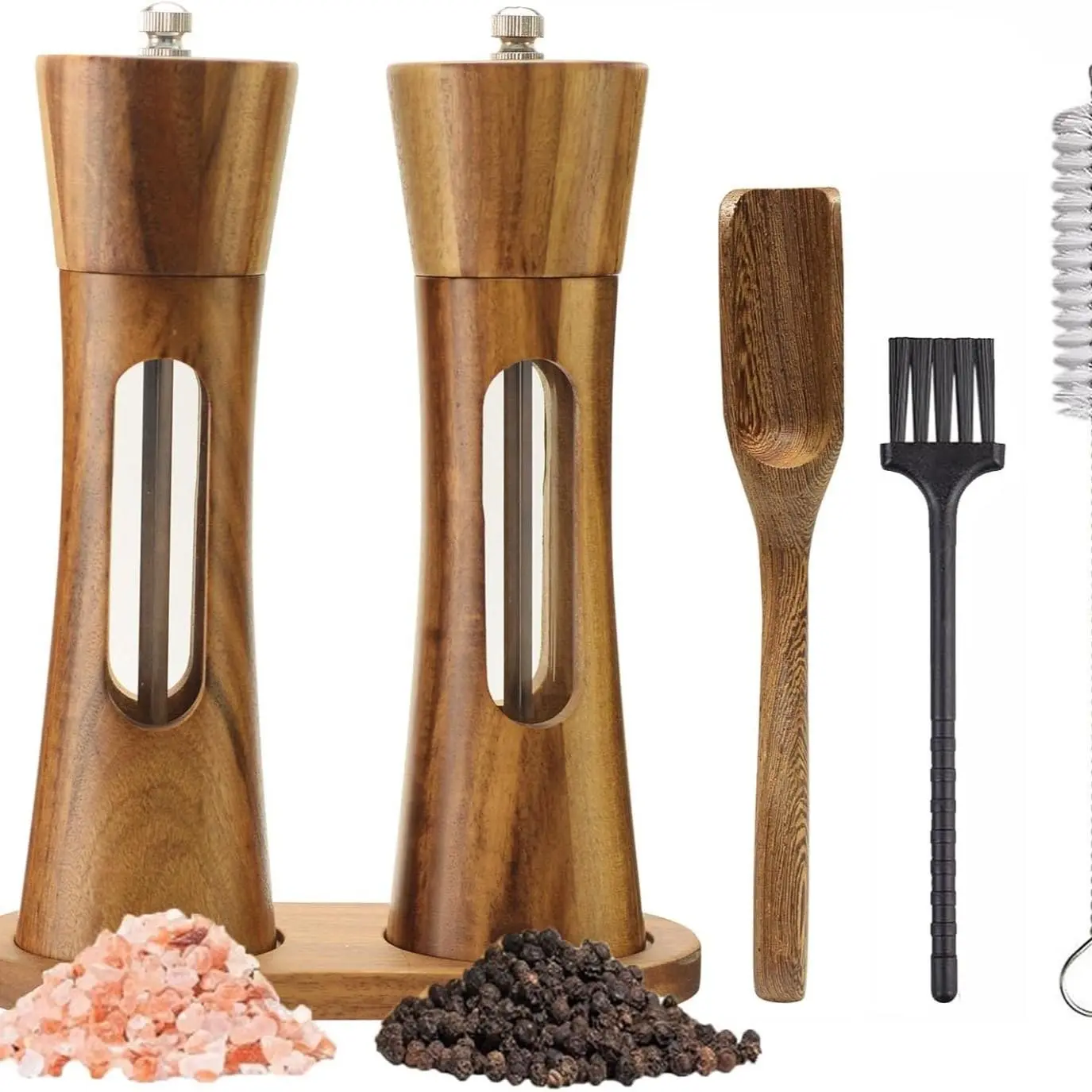 2 Piece Acrylic Wood Salt and Pepper Grinder Set, Solid Golden Acacia Wood Base, Adjustable Ceramic Steel Core, Manual Pepper Mill with Wooden Rack and Spoon, Kitchenware