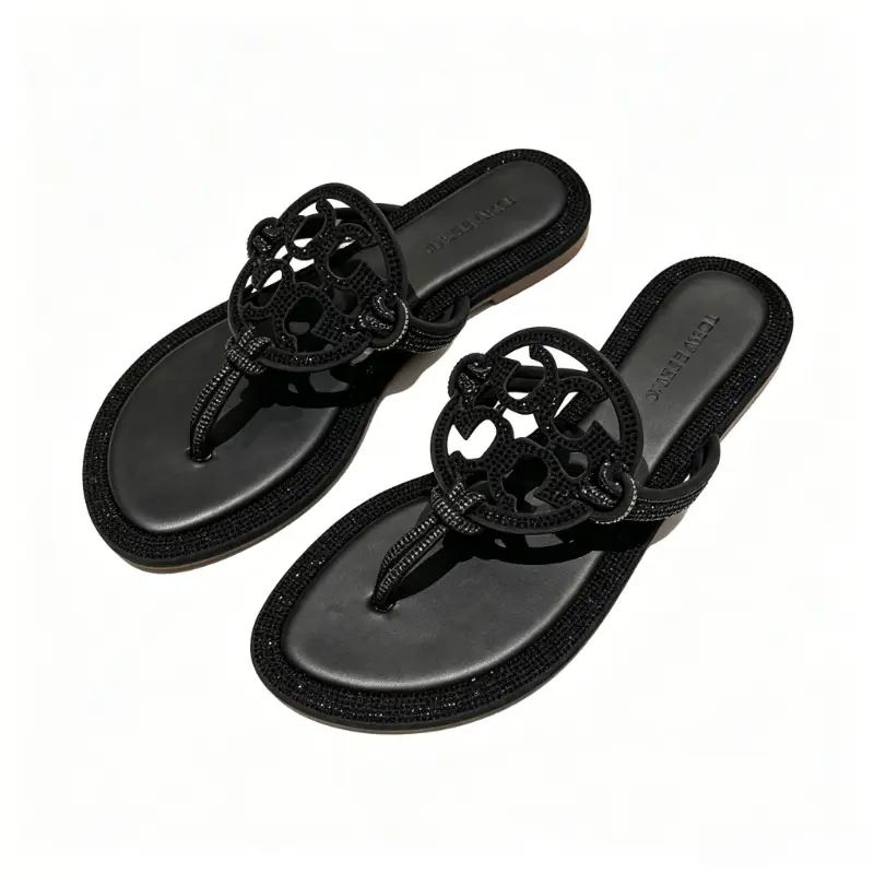 Women's 2026 New Black Rhinestone Thong Sandals - Sports Slide Footwear with Sparkly Cutout Design, Crystal-Embellished Summer Flat Flip Flops, Classic, Fancy Sandals, Casual Flip Flops
