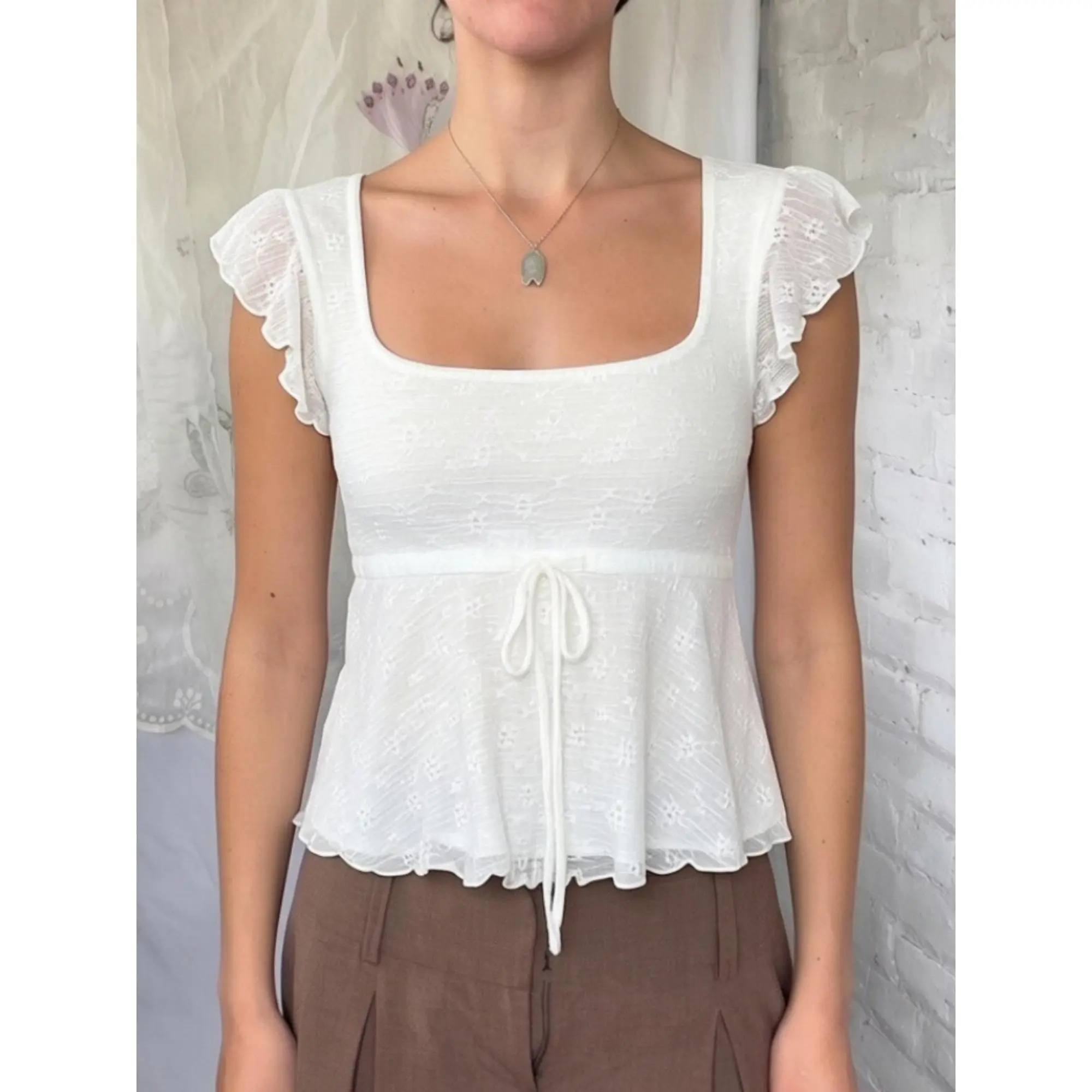 y2k Tank Tops Women Summer Flying Sleeve Square Neck Tie Bow Front Jacquard T Shirts Streetwear