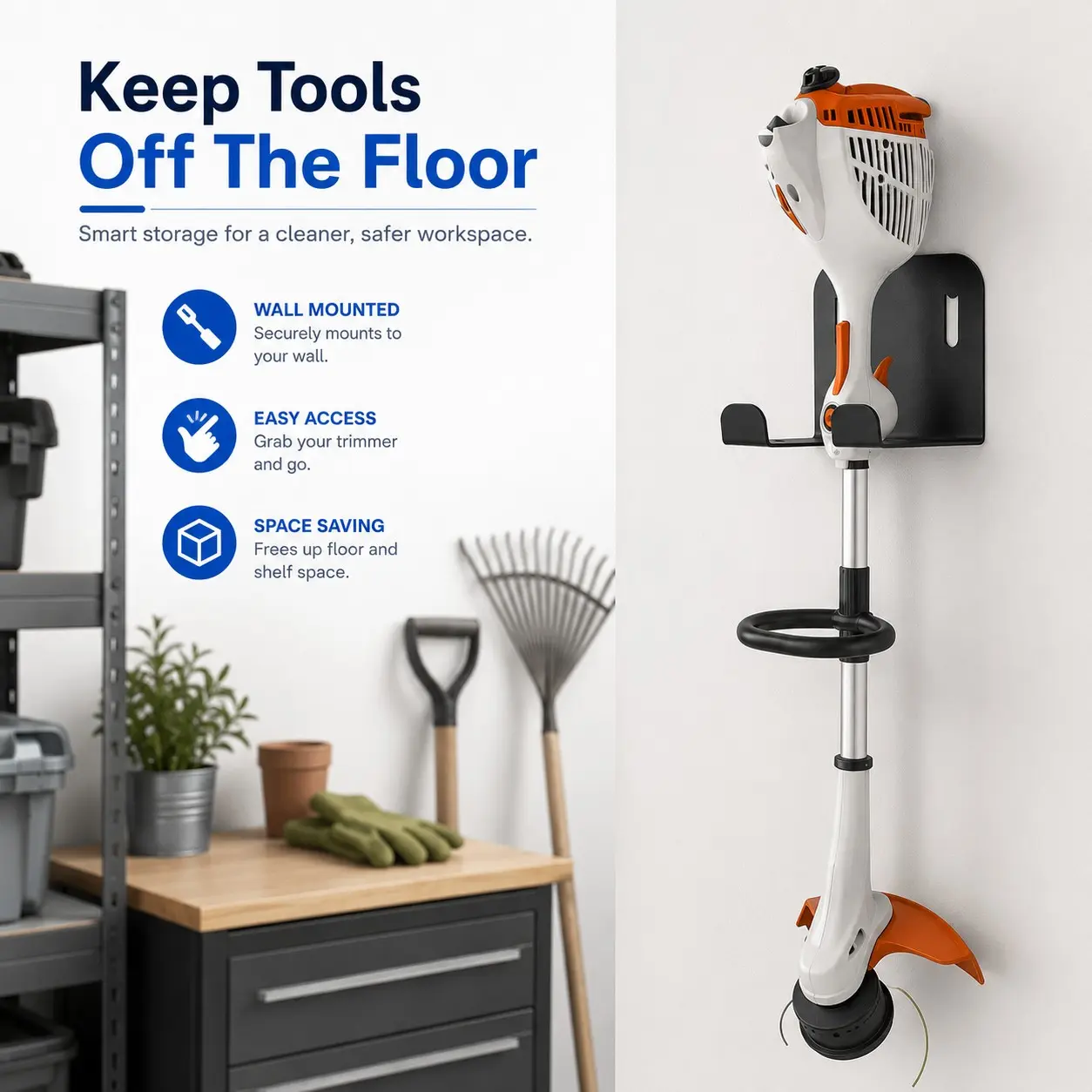 Wall-Mounted Trimmer Stand, Metal Weed Eater Hanger, Space-Saving Garage Organizer Hook, for String Trimmers, Lawn Mowers, Garden Tools