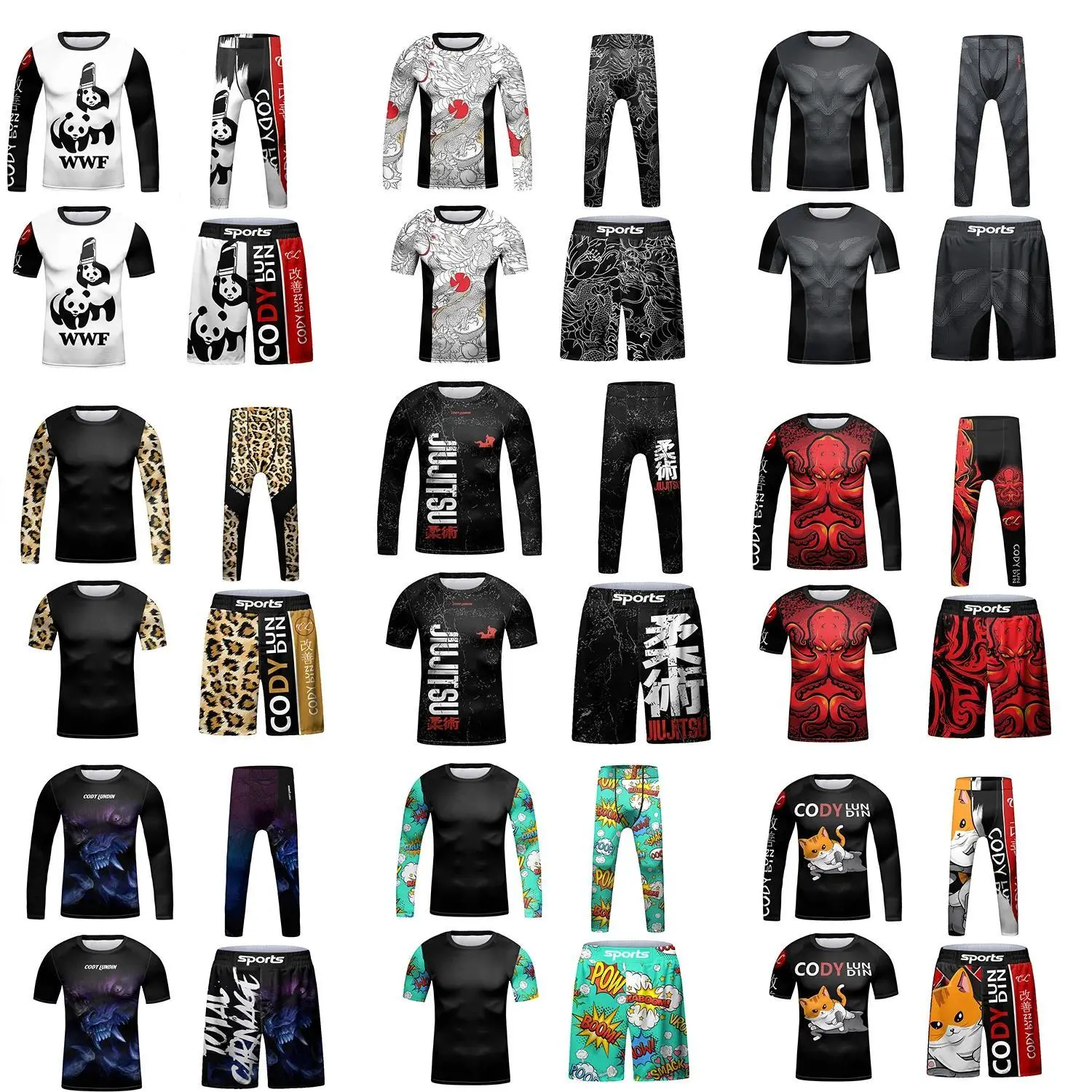 Cody 4 in 1 Sublimation Print Jiu Jitsu Rashguard T-shirt MMA Shorts Bjj Kids Kickboxing Compression Sportsuit Gym Clothing