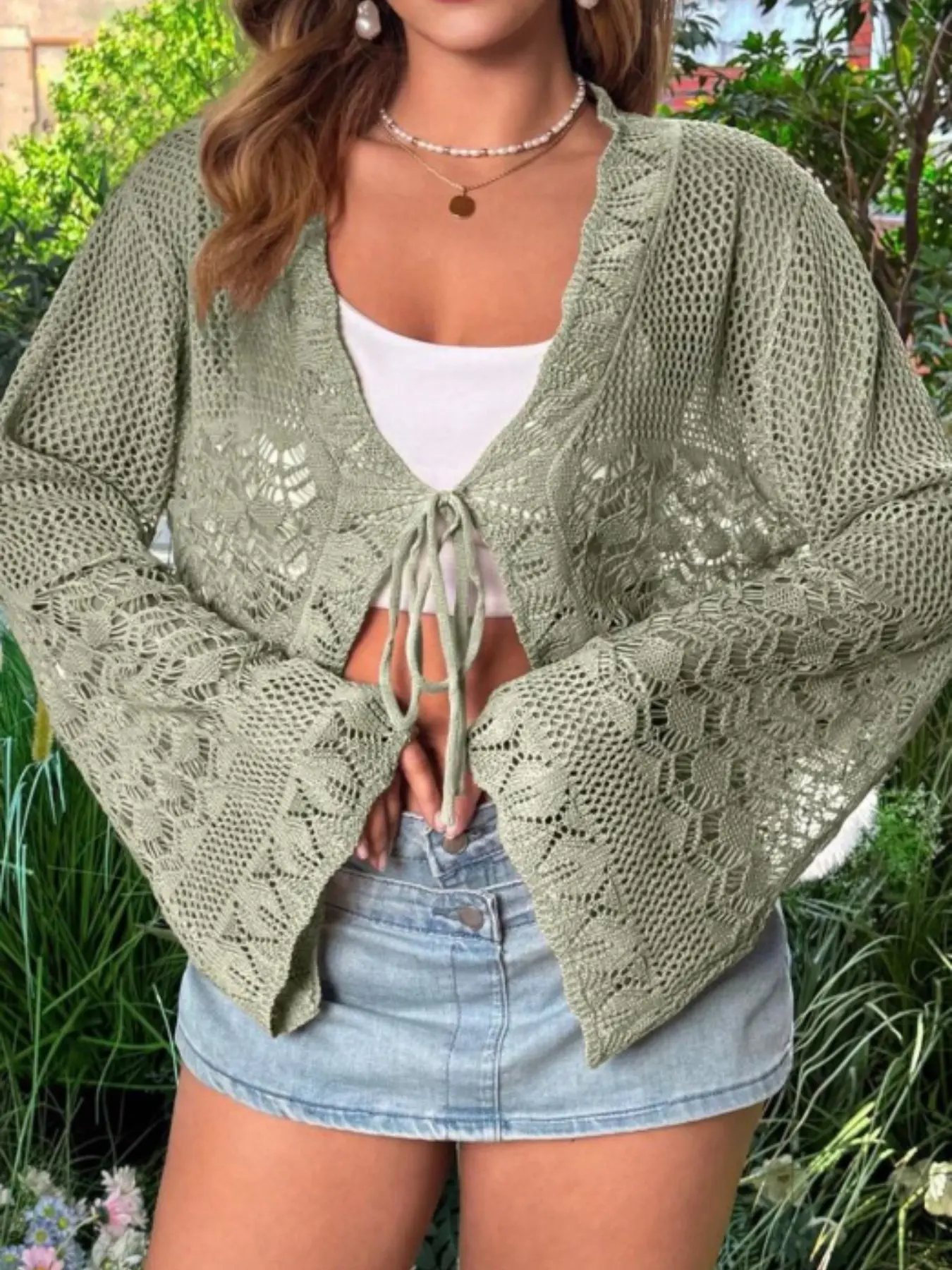 Large Size Solid Color Fashion Bow Open Edge Short Shawl, Crochet Knitwear, Flared Sleeves, Women's Casual Fall Winter Cardigan