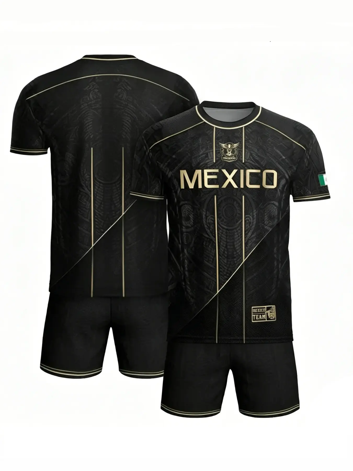 Black Gold Dark Pattern Vertical Line Gold Trim Mexico National Team Football Short Sleeve Jersey Set Soccer Jersey Shirt