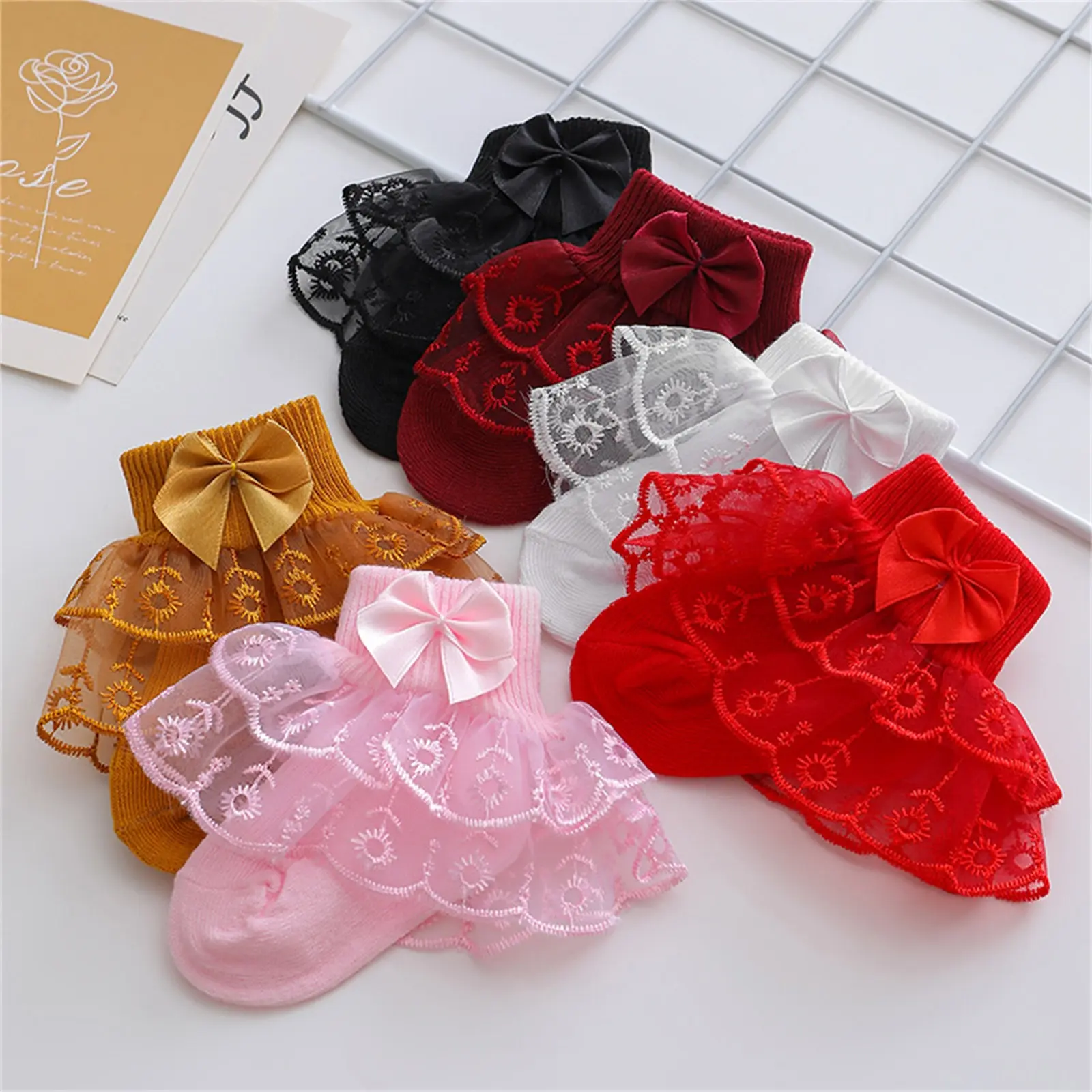 [Lullaby] Baby Girls Ruffle Lace Socks, Super Soft Infant Ankle Socks Princess Dress Socks with Bow