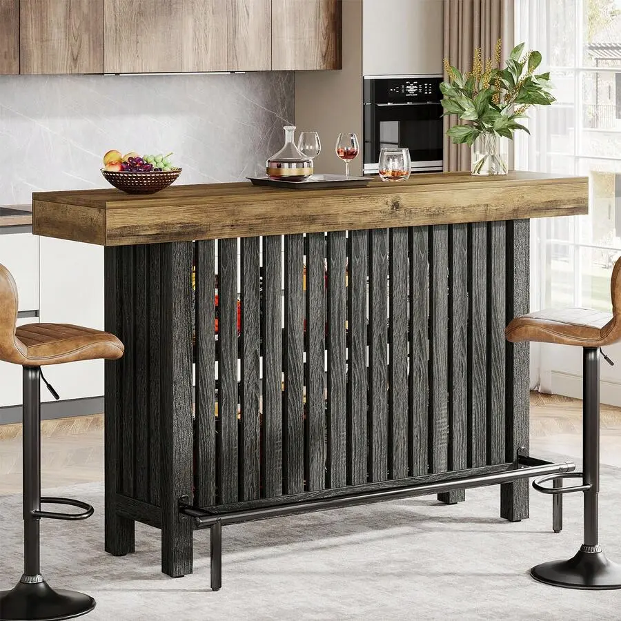 63-Inch Large Home Bar Unit, Modern 2-Tier Bar Table With Footrest, Corner Mini Coffee Bar Cabinet Home Pub, Dining Room, Living Room, Brown
