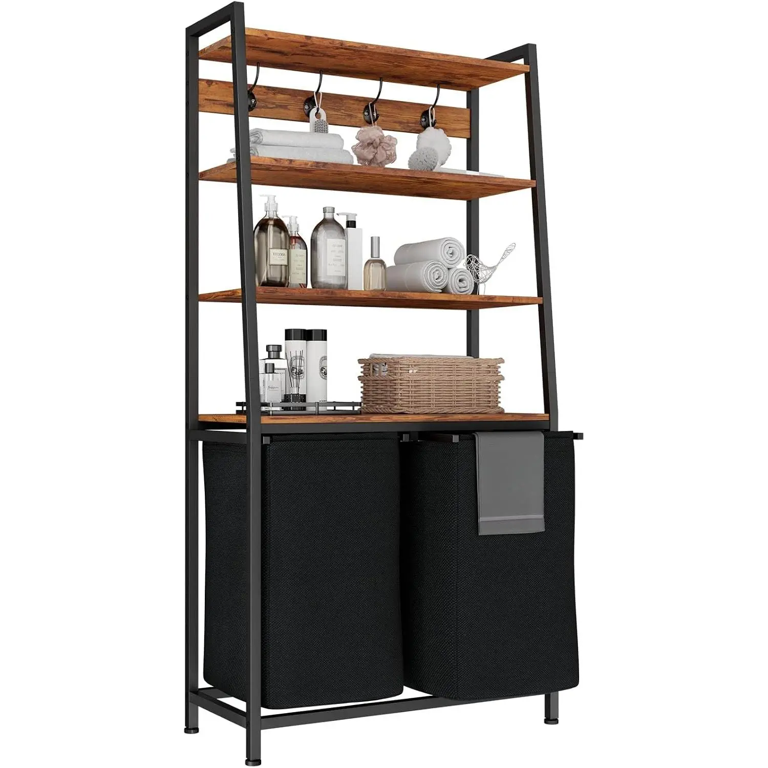 4 Tiers Laundry Hamper with Shelf and Hooks, Tall Laundry Basket Sorter with 2 Removable Bags, Double Clothes Hampers Organizers for Bathroom Bedroom
