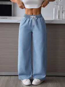 Tall Women's Elastic Waist Drawstring Jeans, Wide Leg Long Pants, Loose Fit Light Blue Casual Straight Leg Denim, Comfortable & Stylish
