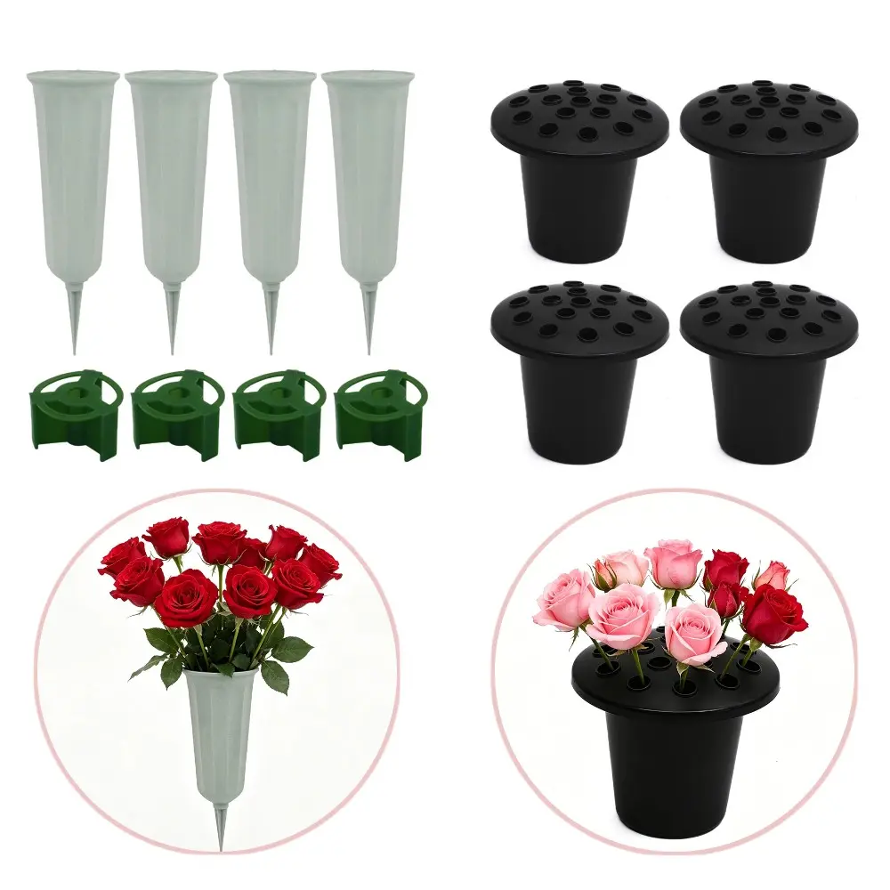 4Pcs Outdoor Ground Flower Spike, Plastic Grave Flower Tube with Stake Bracket Memorial Cemetery Water Vase Anti-Tip Floral Ground Insert Garden Flower Pot Positioning Frame Park Landscape Plastic Flower Display Tube