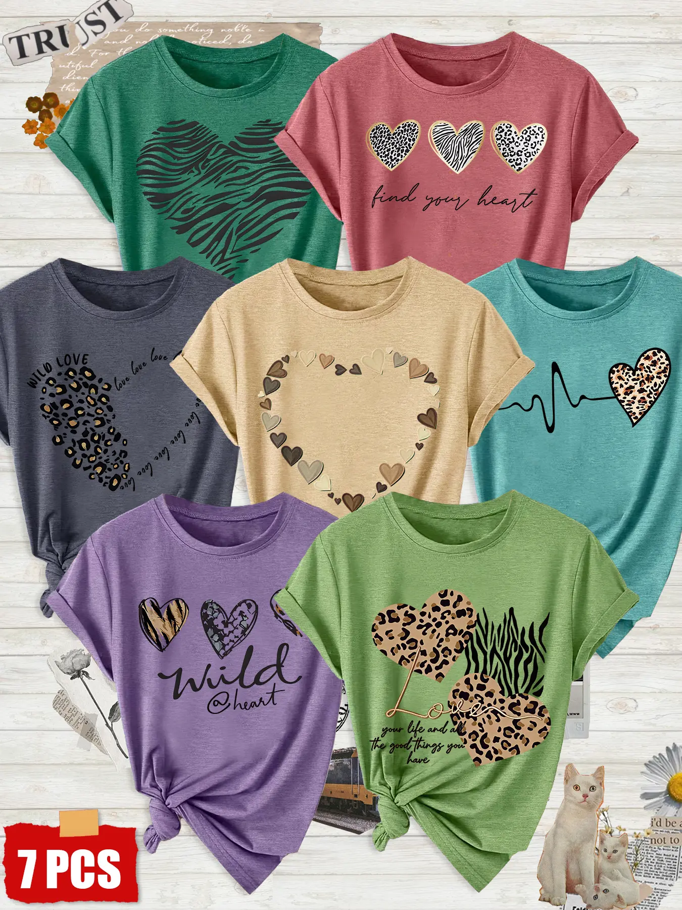 7Pcs Women Crew Neck T-Shirt, Zebra Heart Gradient Leopard Heart Heartbeat Wild Love Print, Multi-color Washable Spring Summer Top, Soft Skin-friendly Fabric Daily Versatile Fashion Design