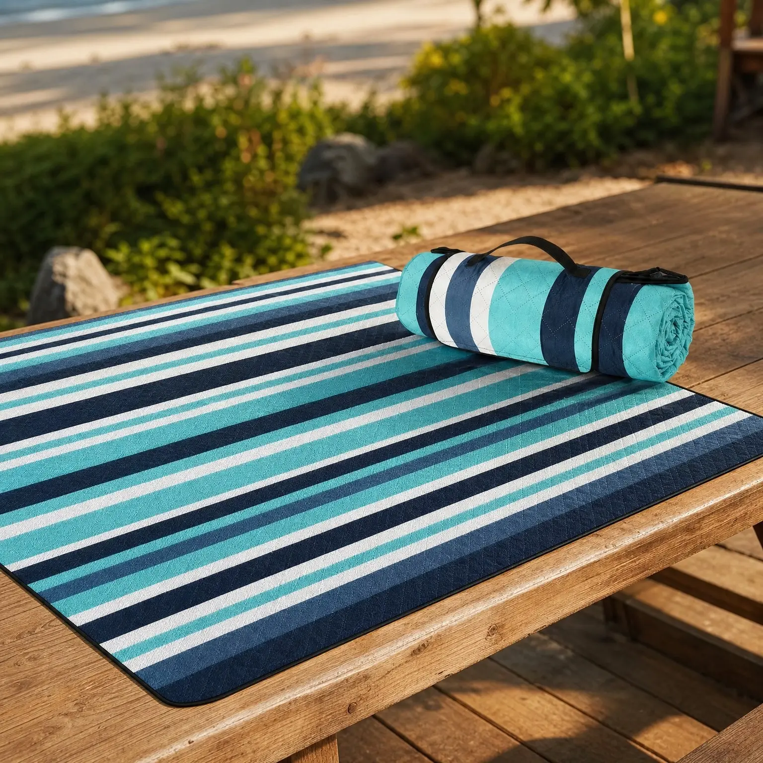 80''x80'' Extra Large Picnic & Beach Blanket, Thick 3-Layer Sandproof Waterproof Machine Washable Foldable Outdoor Mat for Camping, Park, Travel, Grass (Blue White Stripe)Gift