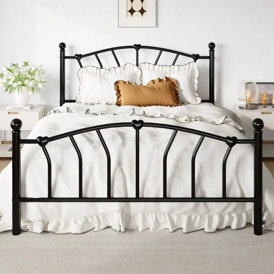 14 Inch Twin/Full/Queen/Size Metal Platform Bed Frame With Heart Shaped Headboard/Footboard, Under Bed Storage, Noise Free Mattress Foundation, No Box Needed, Easy Assembly, Black