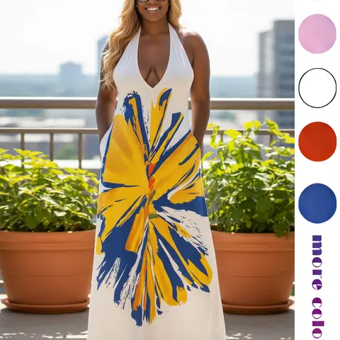 Women's Boho Floral Print Halter Long Dress, Sexy Deep V Sleeveless Dress, Loose-Fitting Casual Vacation Style Summer Beach Dress, New Arrival