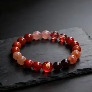 Traditional Taoist Wu Xing Red Agate Bracelet Pure Fire Element Crystal Replenish Deficient Fire Energy Awaken Courage & Drive Improve Interpersonal Luck Balancing Gemstone Bracelet