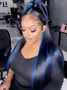 28 Inch Black Blue Highlight Straight Synthetic Lace Front Wig | Free Part Pre Plucked HD Transparent Lace for Daily Use