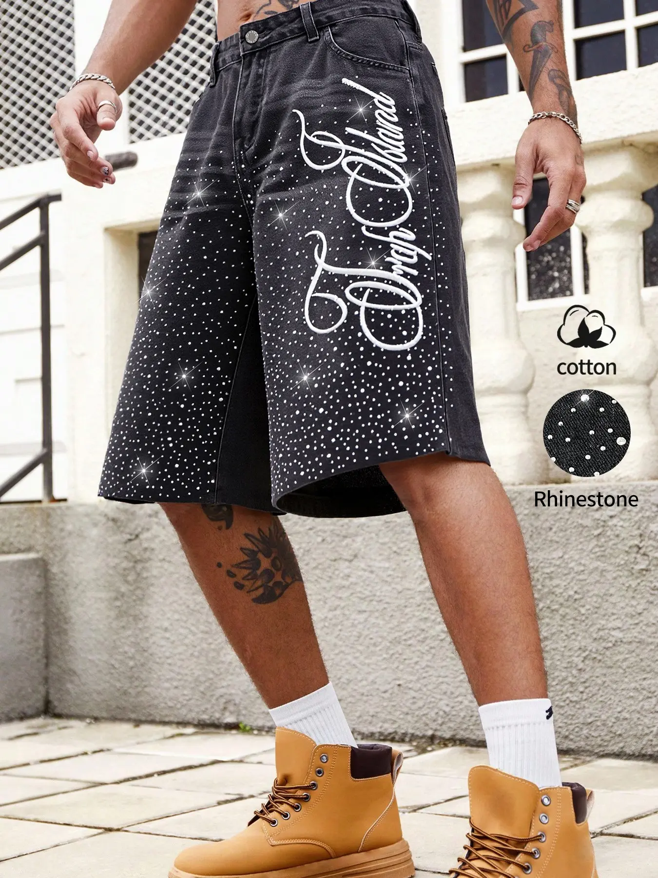 American high street style starry sky hot-fix rhinestone denim cropped shorts, Denim Bermudas for men, washed black with distressed floral letter printing, millennial shining summer casual denim shorts
