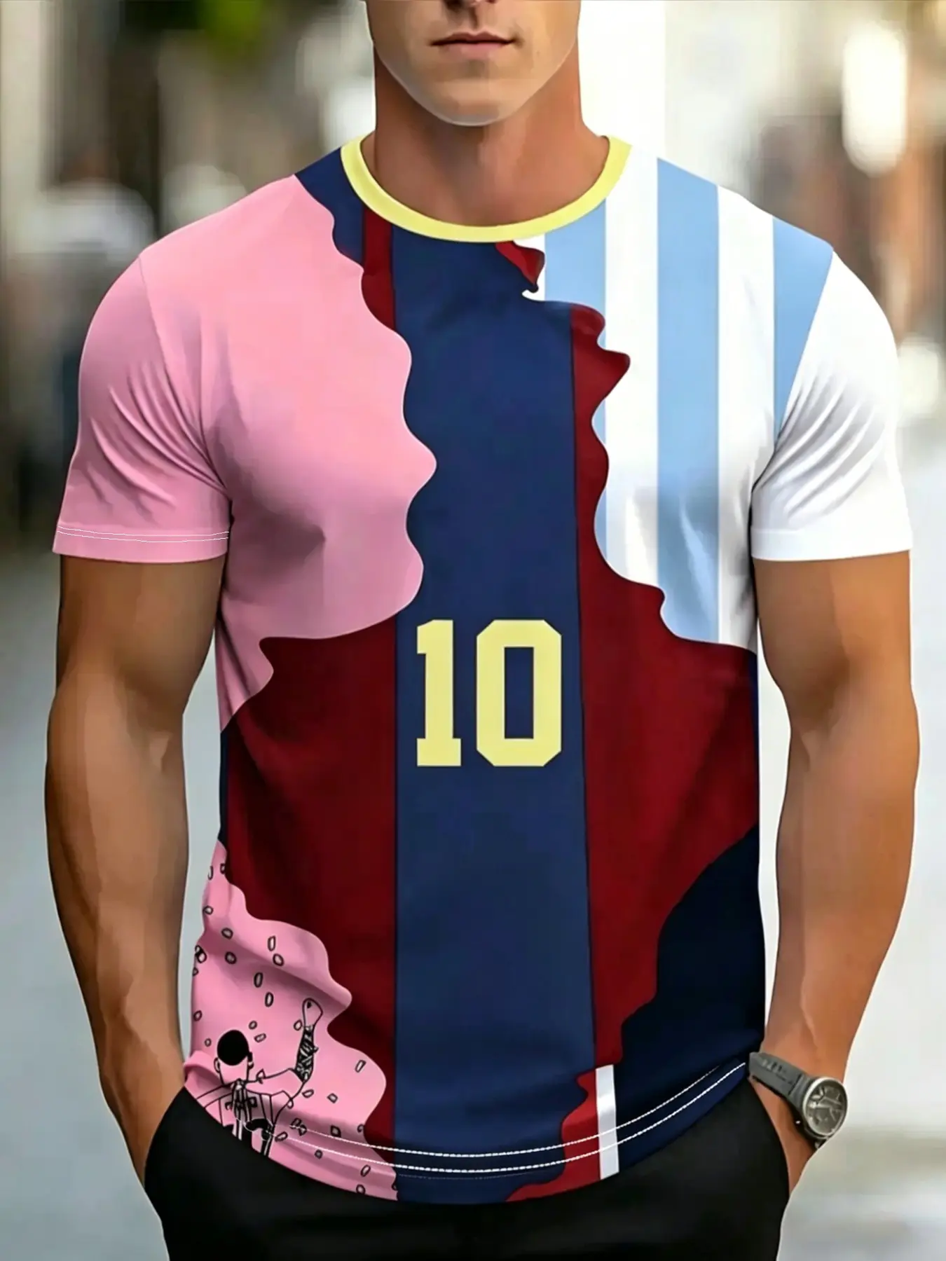 Men's Sporty Short Sleeve T-Shirt, Abstract Colorblock Print, Breathable Quick-Dry, Loose-Fit, Summer Casual Top, Round Neck