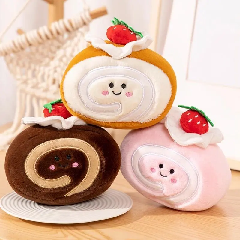 Kawaii Chocolate Strawberry Cake-Swiss Roll Soft Plush Toy, Unisex Names Collectible Stuffed Food Doll with Pink Green Brown Cartoon Design, Kid Birthday Gift for Stress Relief