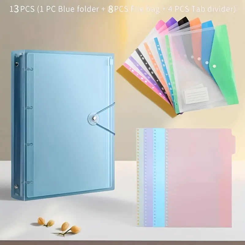 WS--13pcs Set, 1 A4-sized Heavy-duty Colorful PP Binder, 6 11-hole A4-sized Colorful Expandable File Pockets, 4 Divider Sheets, Multiple Expansion Combinations, Suitable for School, Home, Office, And Work