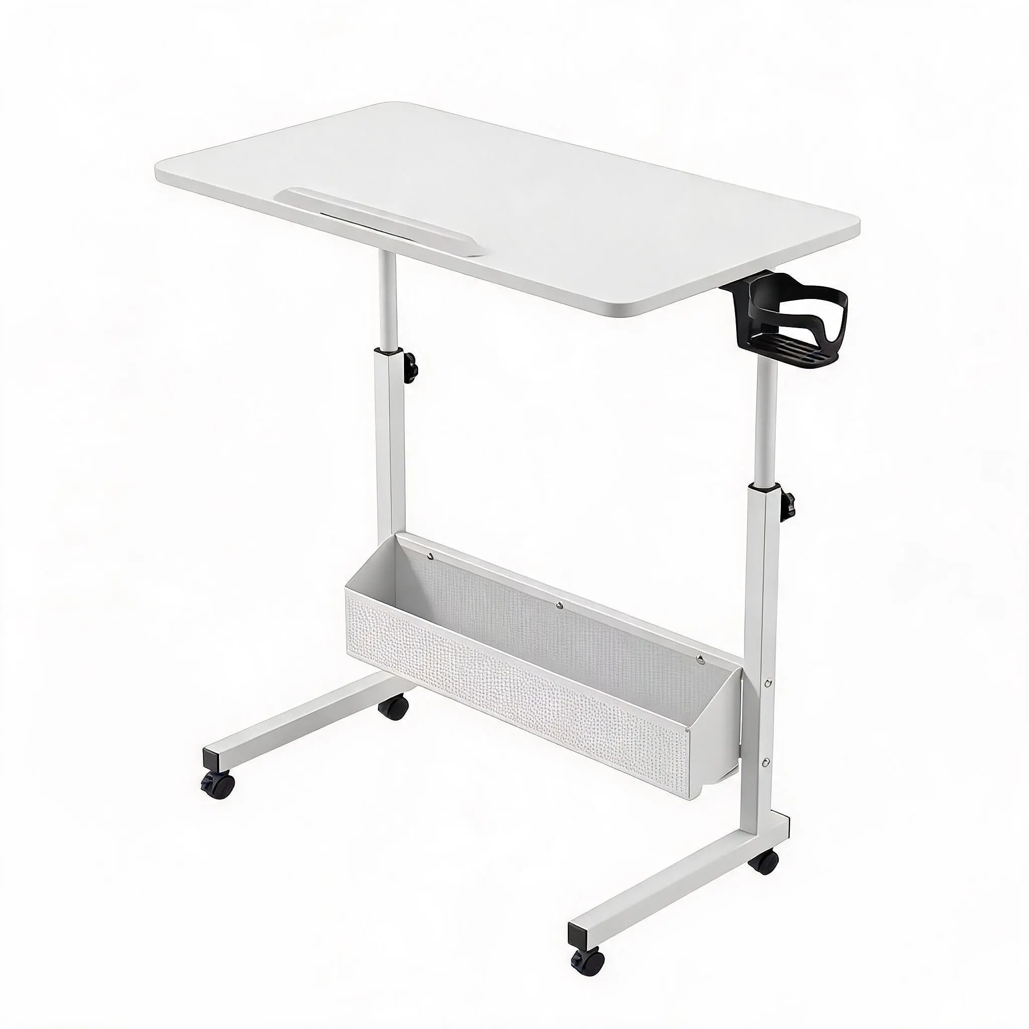 Adjustable Drawing Desk with Tiltable Desktop, Cup Holder + Storage Pouch + Organizer Box for Laptop, White